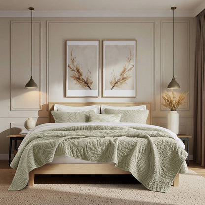 New! Botanical Leaves 3 Piece Cotton Quilt Set - Floral Quilt Sets - Sage - Quahog Bay Bedding