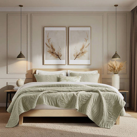 New! Botanical Leaves 3 Piece Cotton Quilt Set - Floral Quilt Sets - Sage - Quahog Bay Bedding