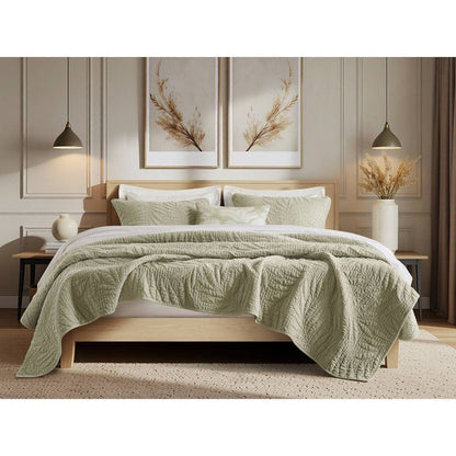 New! Botanical Leaves 3 Piece Cotton Quilt Set - Floral Quilt Sets - Sage - Quahog Bay Bedding