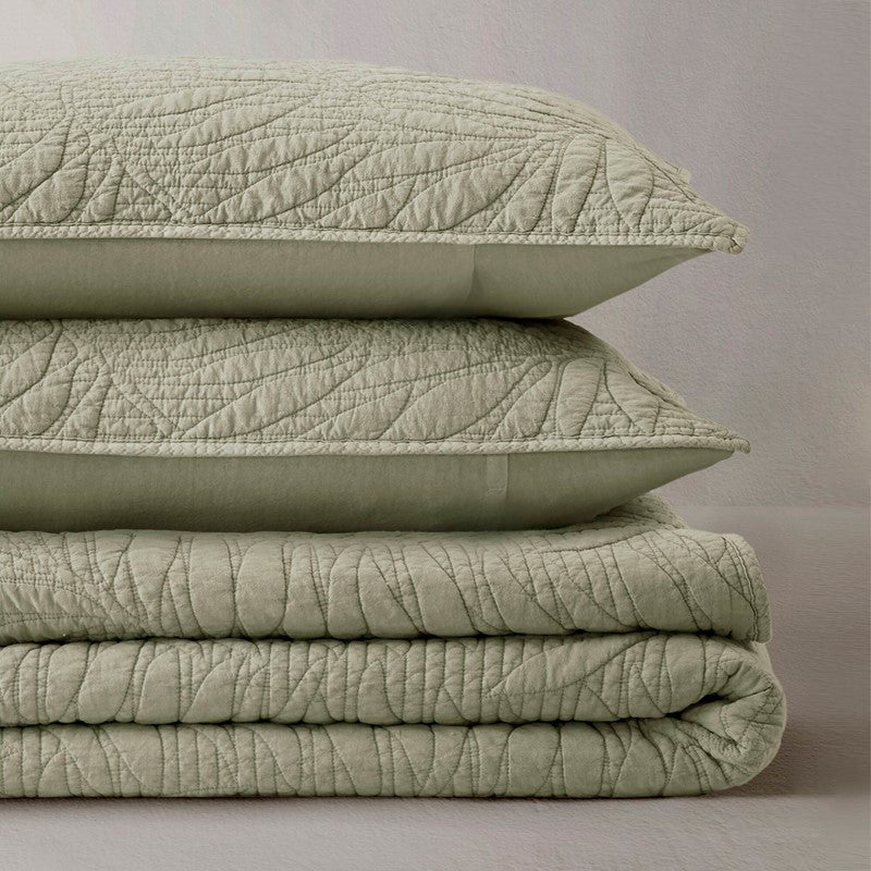 New! Botanical Leaves 3 Piece Cotton Quilt Set - Floral Quilt Sets - Sage - Quahog Bay Bedding