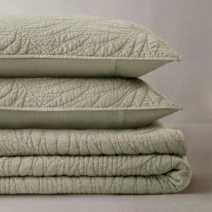 New! Botanical Leaves 3 Piece Cotton Quilt Set - Floral Quilt Sets - Sage - Quahog Bay Bedding