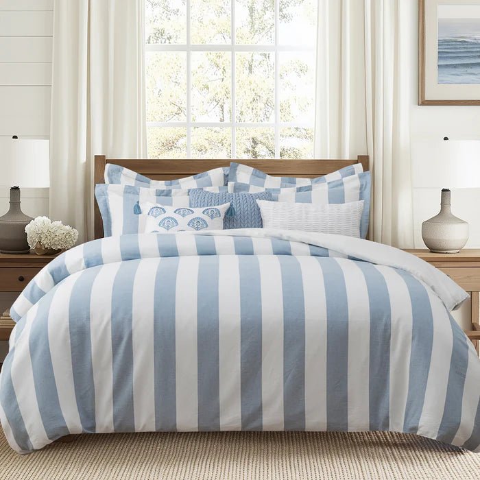 New! Cabana Stripe Blue Embroidered Medallion Pillow - Quahog Bay Bedding