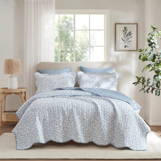 New! Darcy 3PC Reversible Print / Striped Scalloped Edge Quilt Set - Blue - Quahog Bay Bedding
