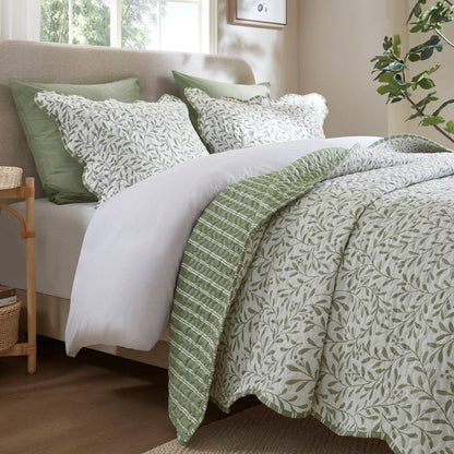 New! Darcy 3PC Reversible Print / Striped Scalloped Edge Quilt Set - Sage Green - Quahog Bay Bedding