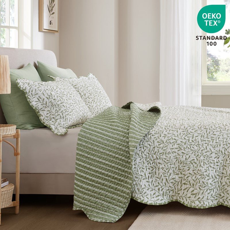 New! Darcy 3PC Reversible Print / Striped Scalloped Edge Quilt Set - Sage Green - Quahog Bay Bedding