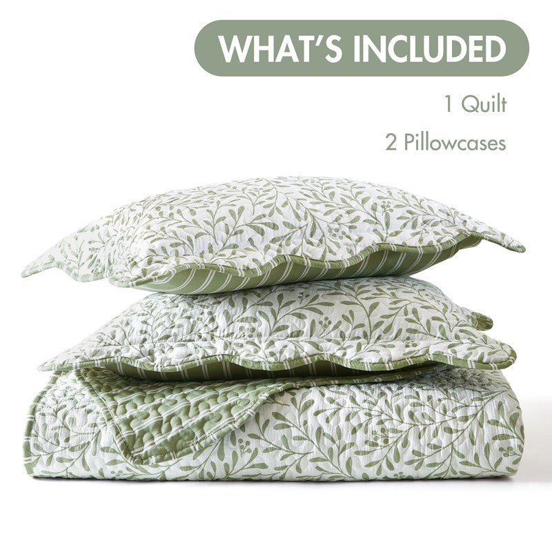 New! Darcy 3PC Reversible Print / Striped Scalloped Edge Quilt Set - Sage Green - Quahog Bay Bedding