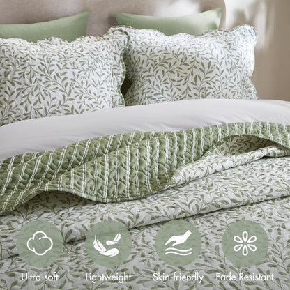 New! Darcy 3PC Reversible Print / Striped Scalloped Edge Quilt Set - Sage Green - Quahog Bay Bedding