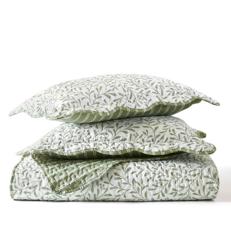 New! Darcy 3PC Reversible Print / Striped Scalloped Edge Quilt Set - Sage Green - Quahog Bay Bedding