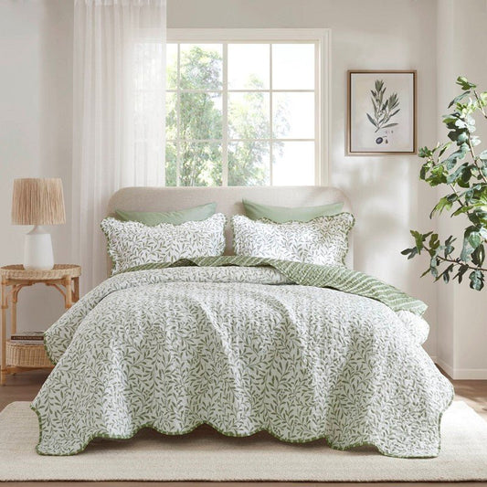 New! Darcy 3PC Reversible Print / Striped Scalloped Edge Quilt Set - Sage Green - Quahog Bay Bedding