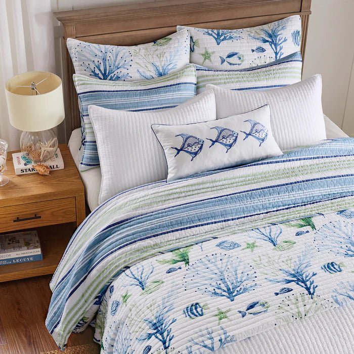 New! Harbor Bay Reversible Coastal Quilt Set - Coastal & Nautical Quilt Sets - Quahog Bay Bedding