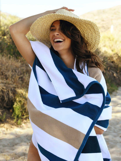 Ocean Blue & Almond Classic Cabana Beach Towel - Quahog Bay Bedding
