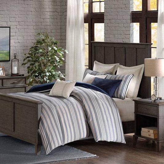 Farmhouse Comforter Set - Navy and Ivory Jacquard Stripe