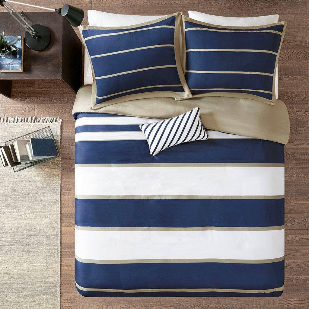 Nautical Duvets Navy Khaki Stripe 4PC Duvet Cover Set