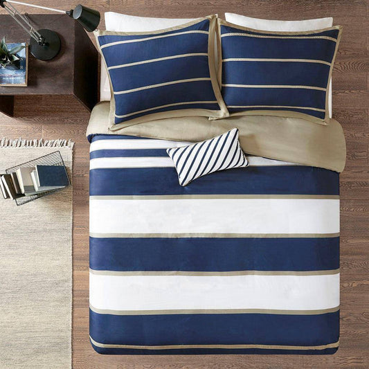 Nautical Duvets Navy Khaki Stripe 4PC Duvet Cover Set - Quahog Bay