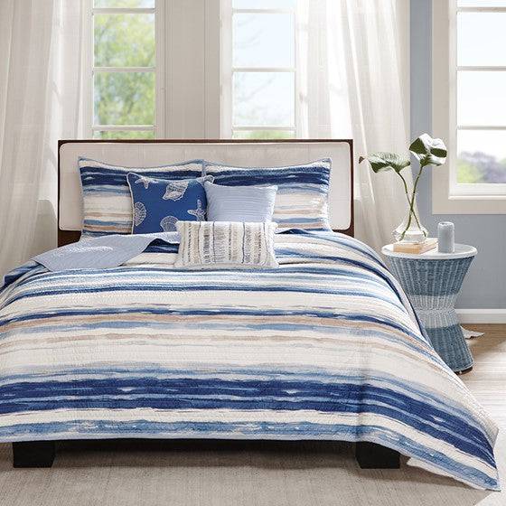 Nautical Marina 6 Piece Quilt Set with Throw Pillows - Navy & Taupe Hues