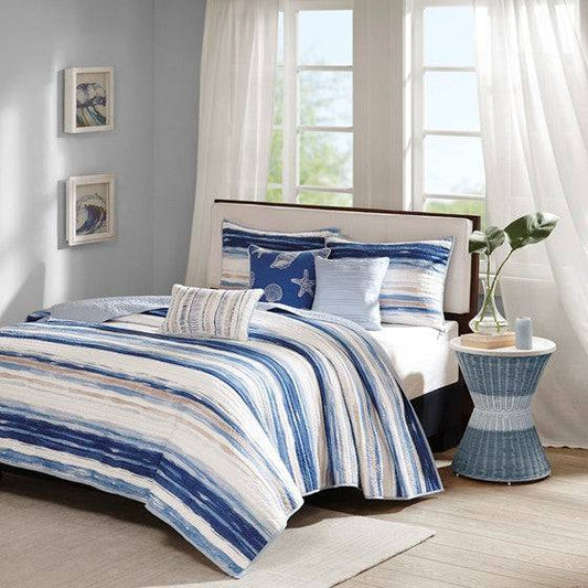 Nautical Marina 6 Piece Quilt Set with Throw Pillows - Navy & Taupe Hues