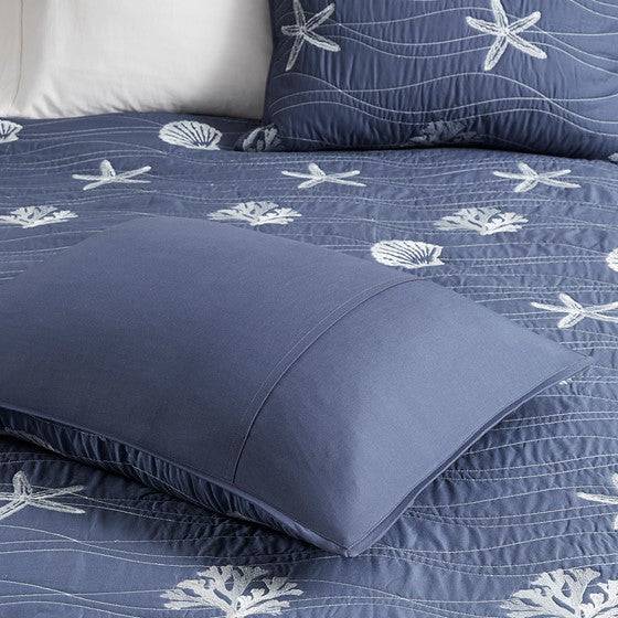 Seaside Coastal 100% Cotton Lightweight Navy Blue Embroidered Quilt Set - Quahog Bay Bedding