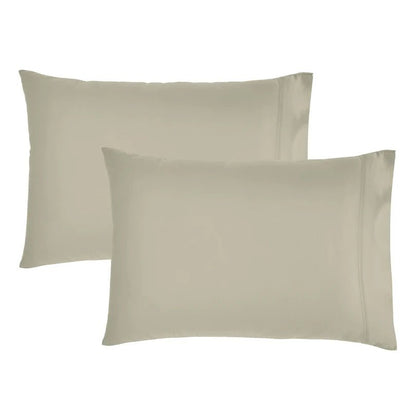 Two plain pillowcases in a light warm gray-beige color, shown overlapping on a white background.