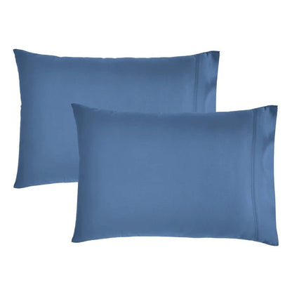 Two blue satin pillowcases on a white background
