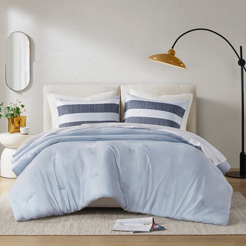 Comfort Spaces Owain Stripe Textured Print Comforter Set - Nautical Blue Bedding Set - Quahog Bay Bedding