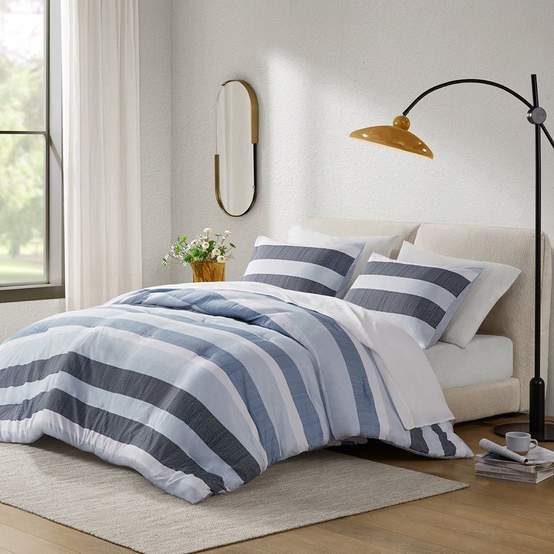 Comfort Spaces Owain Stripe Textured Print Comforter Set - Nautical Blue Bedding Set - Quahog Bay Bedding