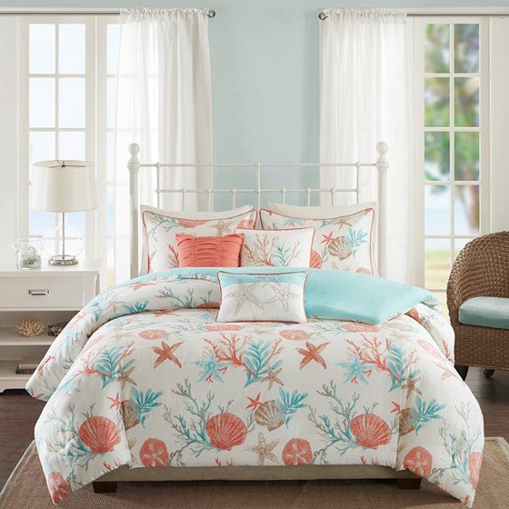 掛け布団カバー 6点セット 西海岸 ペブルビーチ クイーンサイズ PEBBLE Pebble Beach 6PC Cotton Sateen Duvet Cover Set – Coral | Coastal
