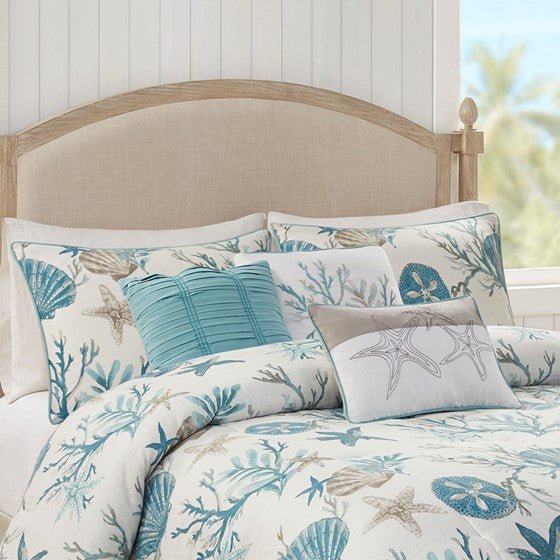 Madison Park Pebble Beach Cotton Sateen Comforter Set 7PC - Aqua - Quahog Bay Bedding