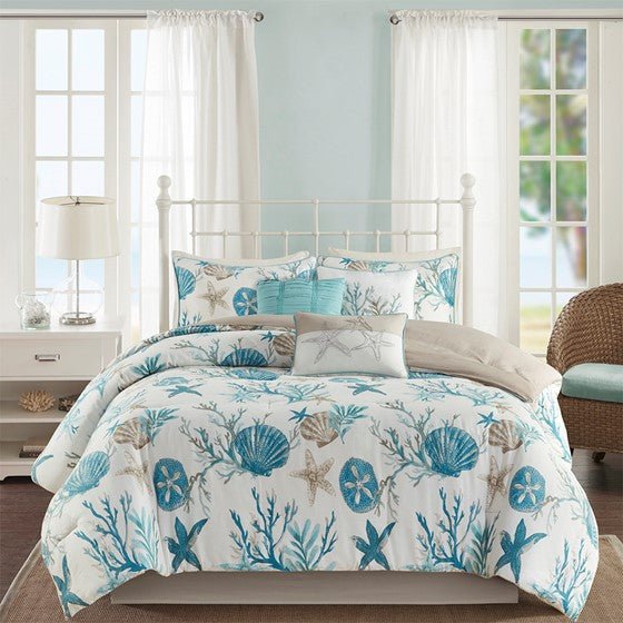 Madison Park Pebble Beach Cotton Sateen Comforter Set 7PC - Aqua - Quahog Bay Bedding