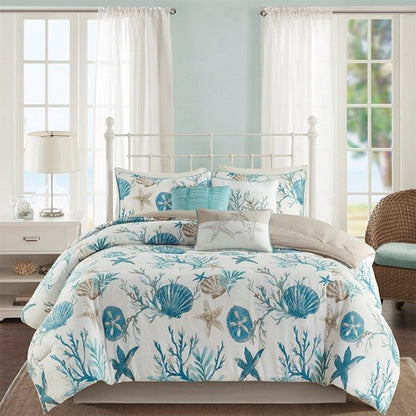 Madison Park Pebble Beach Cotton Sateen Comforter Set 7PC - Aqua - Quahog Bay Bedding