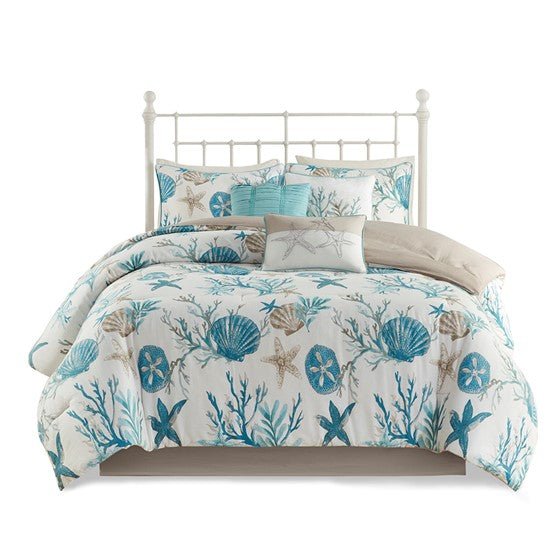 Madison Park Pebble Beach Cotton Sateen Comforter Set 7PC - Aqua - Quahog Bay Bedding