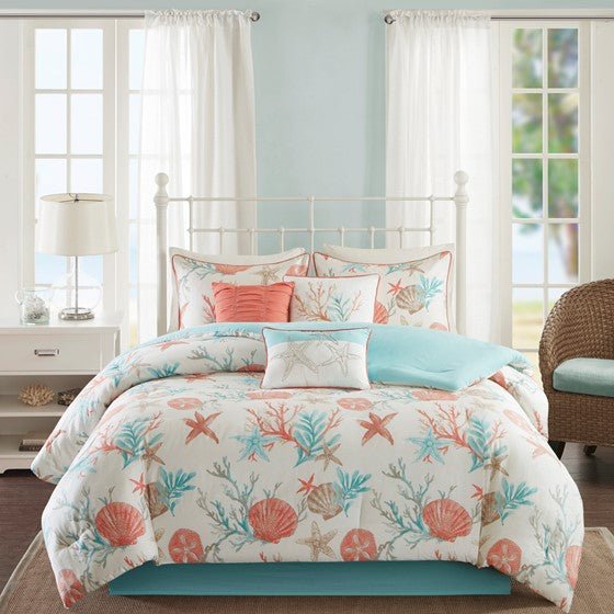 Madison Park Pebble Beach Cotton Sateen Comforter Set 7PC - Coral - Quahog Bay Bedding