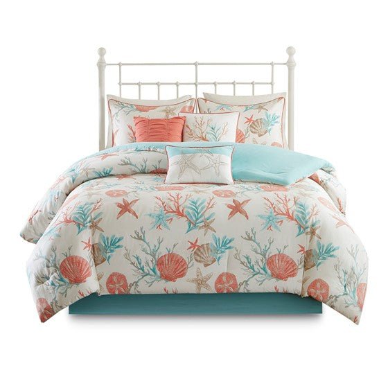 Madison Park Pebble Beach Cotton Sateen Comforter Set 7PC - Coral - Quahog Bay Bedding