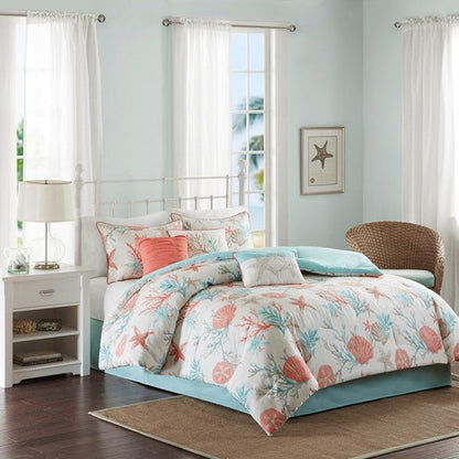 Madison Park Pebble Beach Cotton Sateen Comforter Set 7PC - Coral - Quahog Bay Bedding