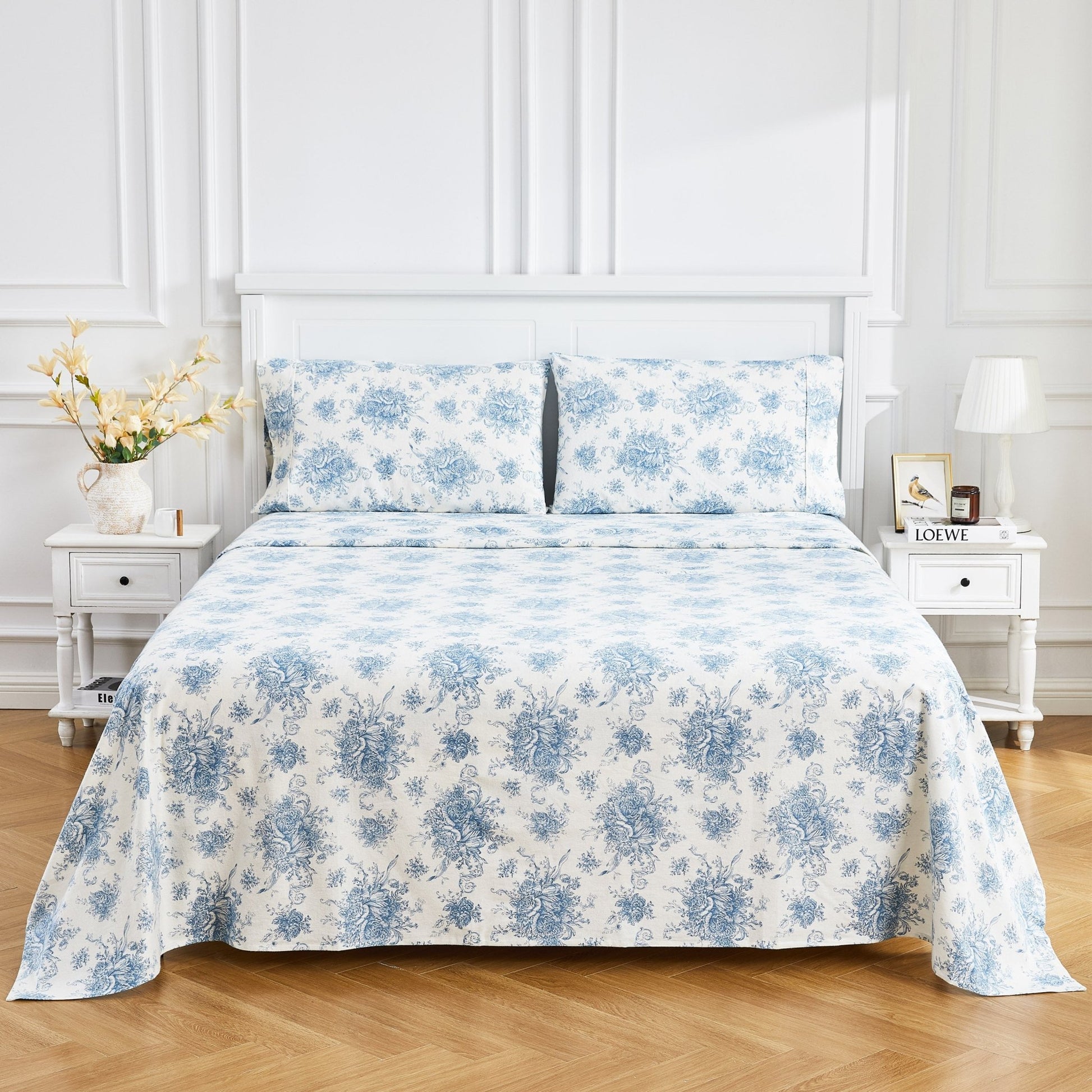 Petit Toile Cotton Print Flannel Sheet Sets - Light Blue And Grey Options - Quahog Bay Bedding