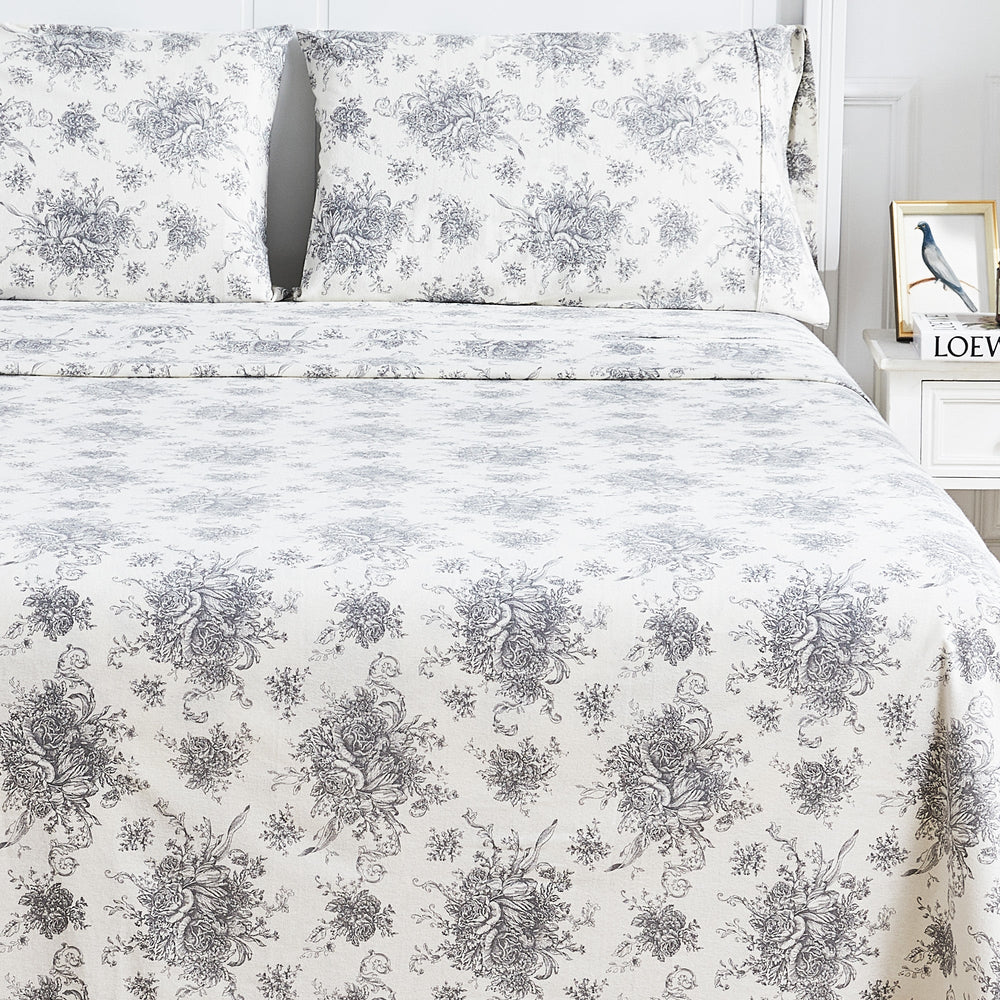 Petit Toile Cotton Print Flannel Sheet Sets - Light Blue And Grey Options - Quahog Bay Bedding