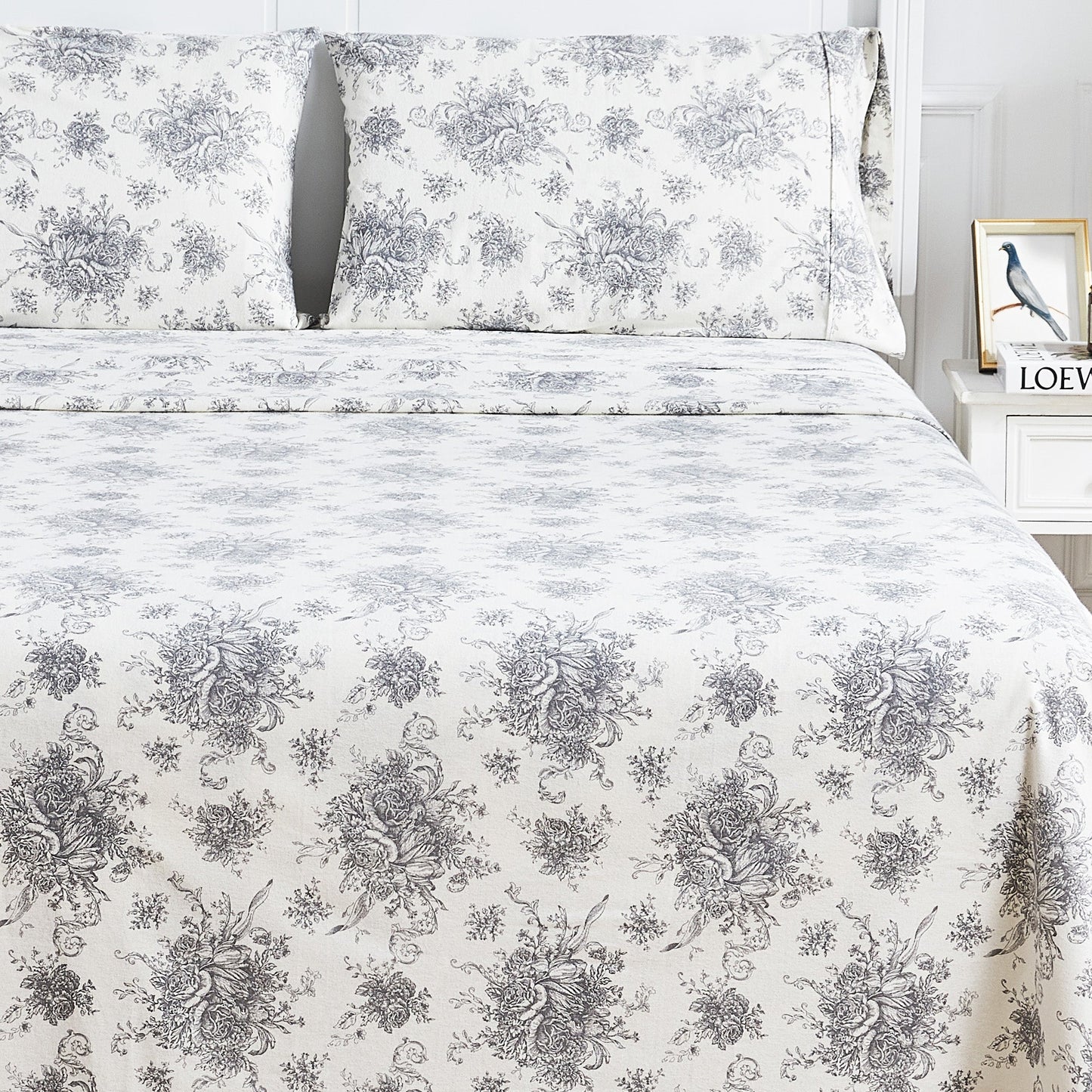 Petit Toile Cotton Print Flannel Sheet Sets - Light Blue And Grey Options - Quahog Bay Bedding