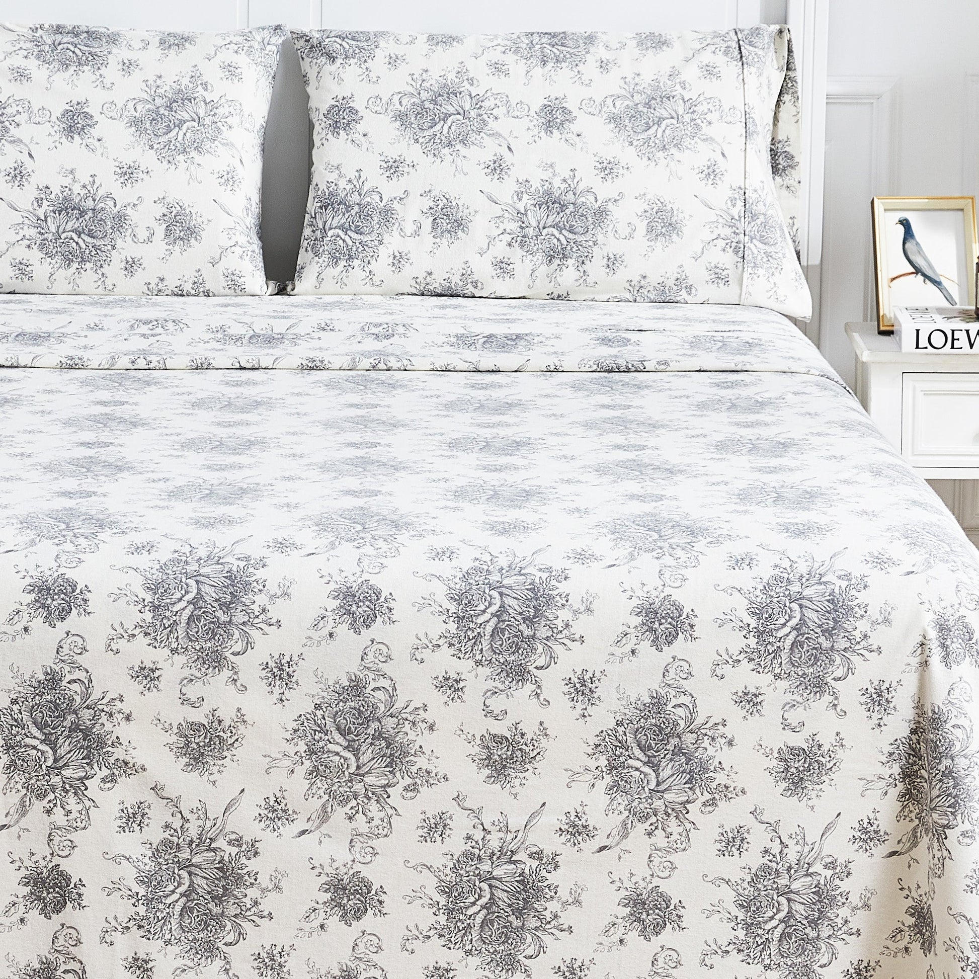 Petit Toile Cotton Print Flannel Sheet Sets - Light Blue And Grey Options - Quahog Bay Bedding