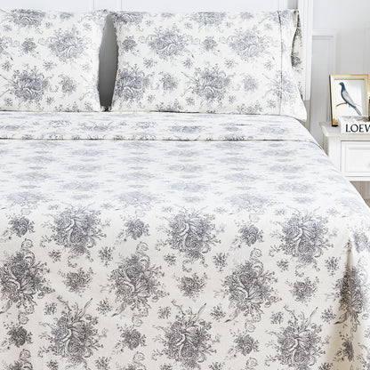 Petit Toile Cotton Print Flannel Sheet Sets - Light Blue And Grey Options - Quahog Bay Bedding