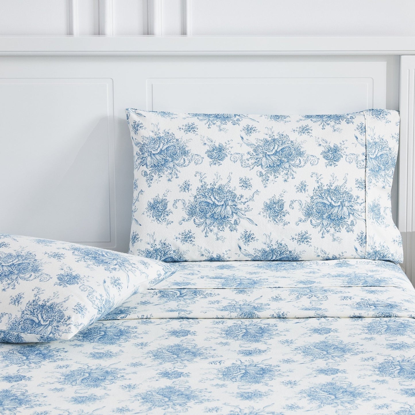 Petit Toile Cotton Print Flannel Sheet Sets - Light Blue And Grey Options - Quahog Bay Bedding