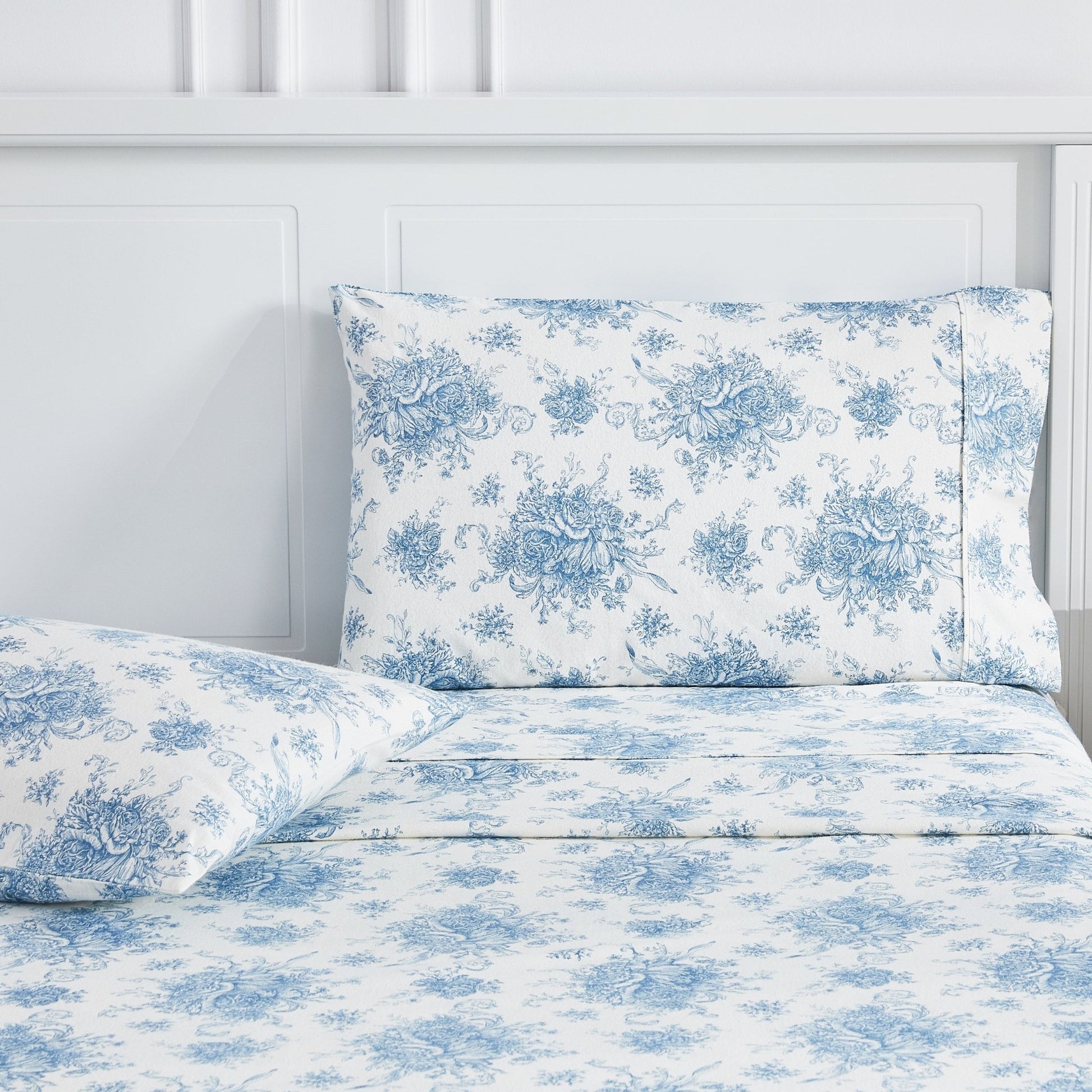 Petit Toile Cotton Print Flannel Sheet Sets - Light Blue And Grey Options - Quahog Bay Bedding