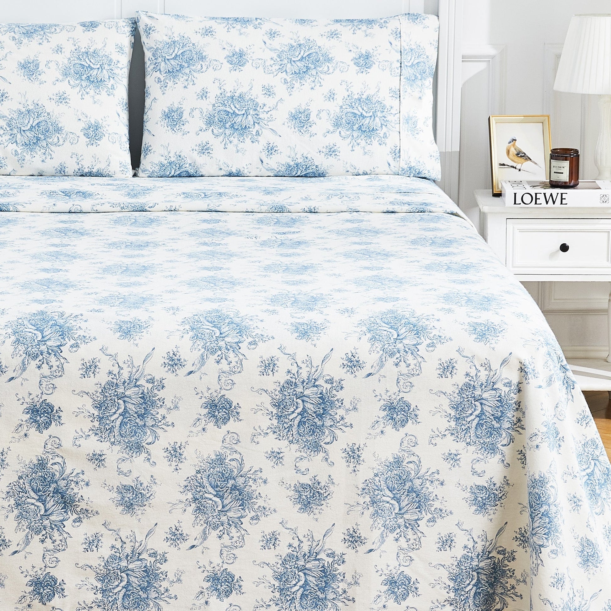 Petit Toile Cotton Print Flannel Sheet Sets - Light Blue And Grey Options - Quahog Bay Bedding