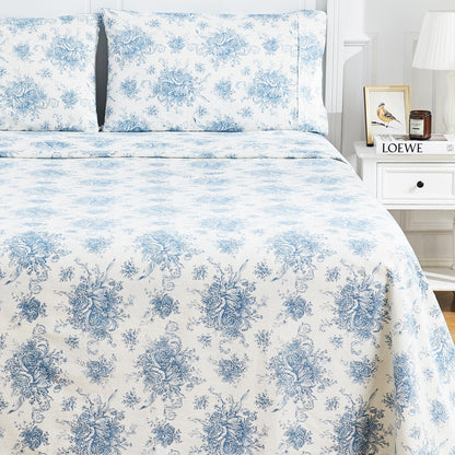 Petit Toile Cotton Print Flannel Sheet Sets - Light Blue And Grey Options - Quahog Bay Bedding