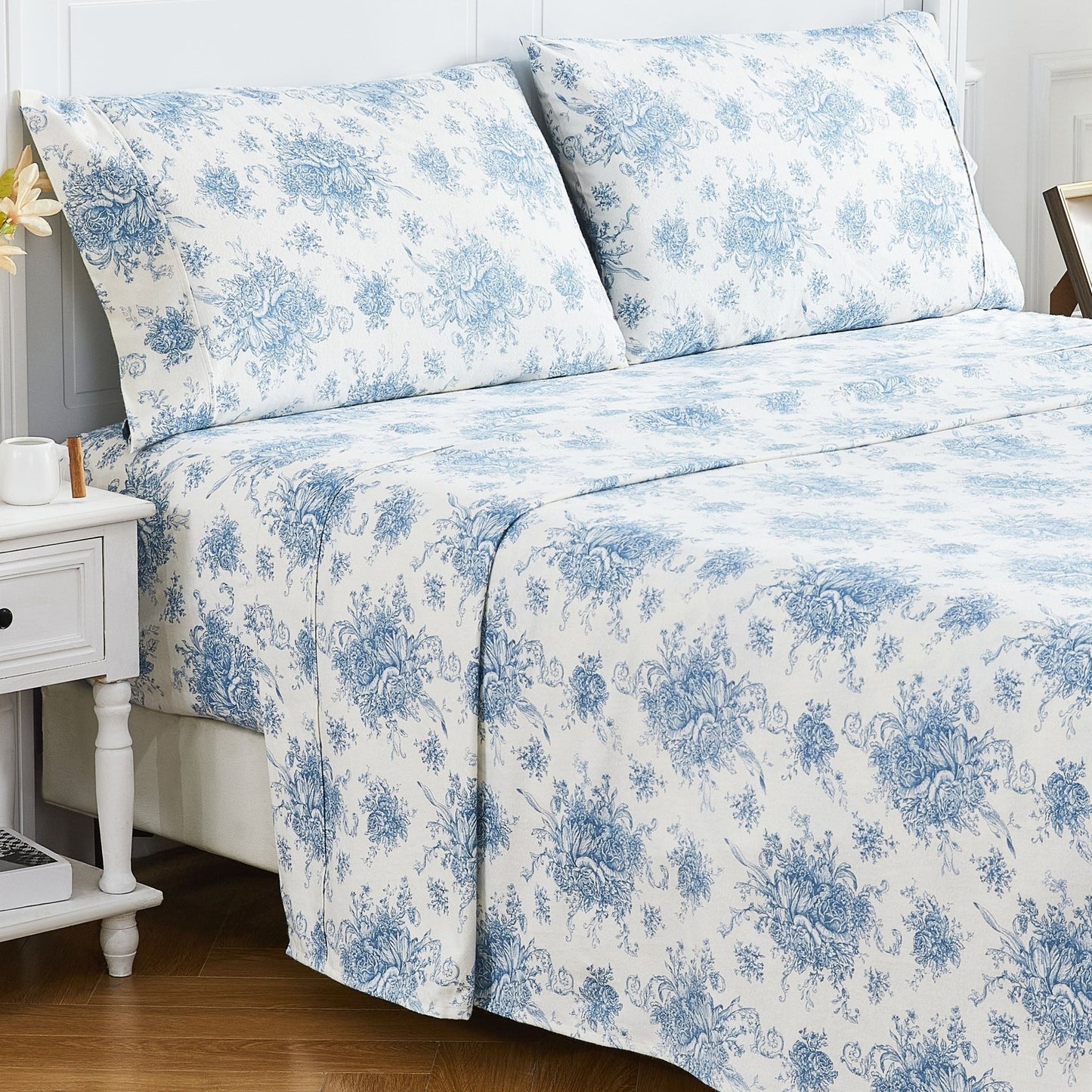 Petit Toile Cotton Print Flannel Sheet Sets - Light Blue And Grey Options - Quahog Bay Bedding