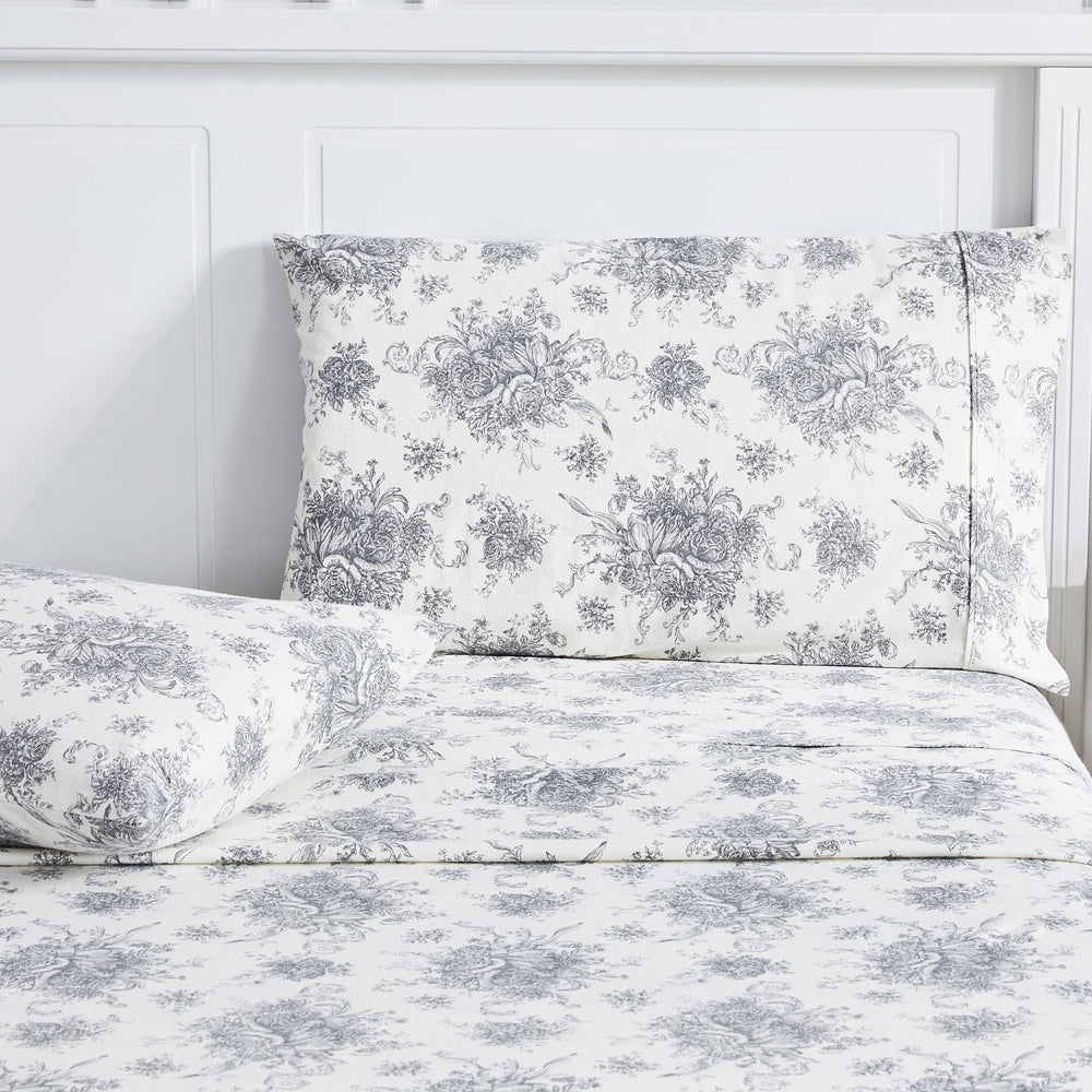 Petit Toile Cotton Print Flannel Sheet Sets - Light Blue And Grey Options - Quahog Bay Bedding