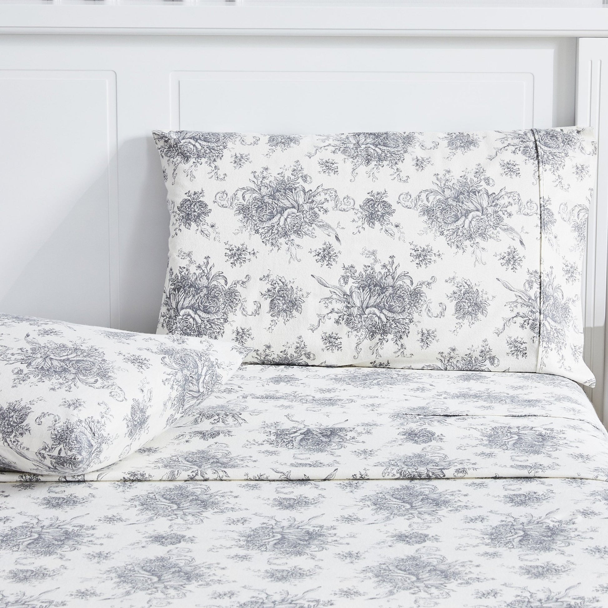 Petit Toile Cotton Print Flannel Sheet Sets - Light Blue And Grey Options - Quahog Bay Bedding
