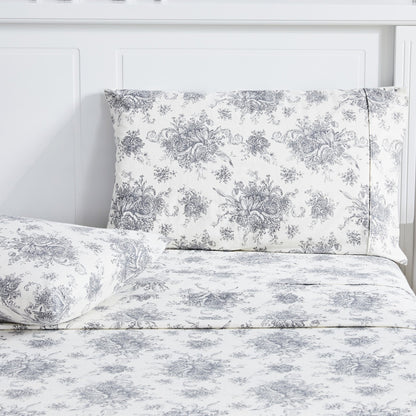 Petit Toile Cotton Print Flannel Sheet Sets - Light Blue And Grey Options - Quahog Bay Bedding