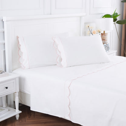 Coastal Scalloped Edge Embroidered 300TC Cotton Percale Sheet Set