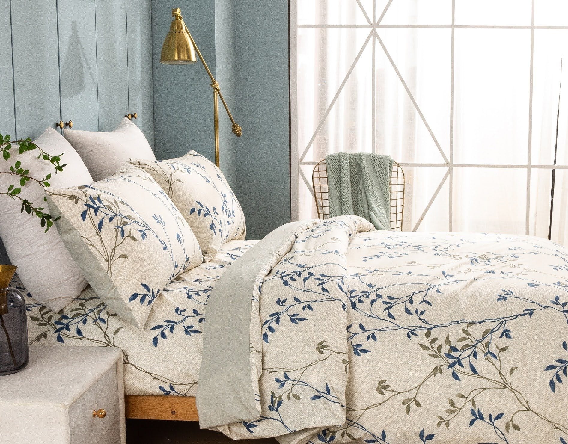 Poplin Cotton Elegant Leaf Vine Cream Beige Duvet Cover - Quahog Bay Bedding