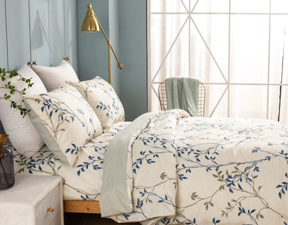 Poplin Cotton Elegant Leaf Vine Cream Beige Duvet Cover - Quahog Bay Bedding