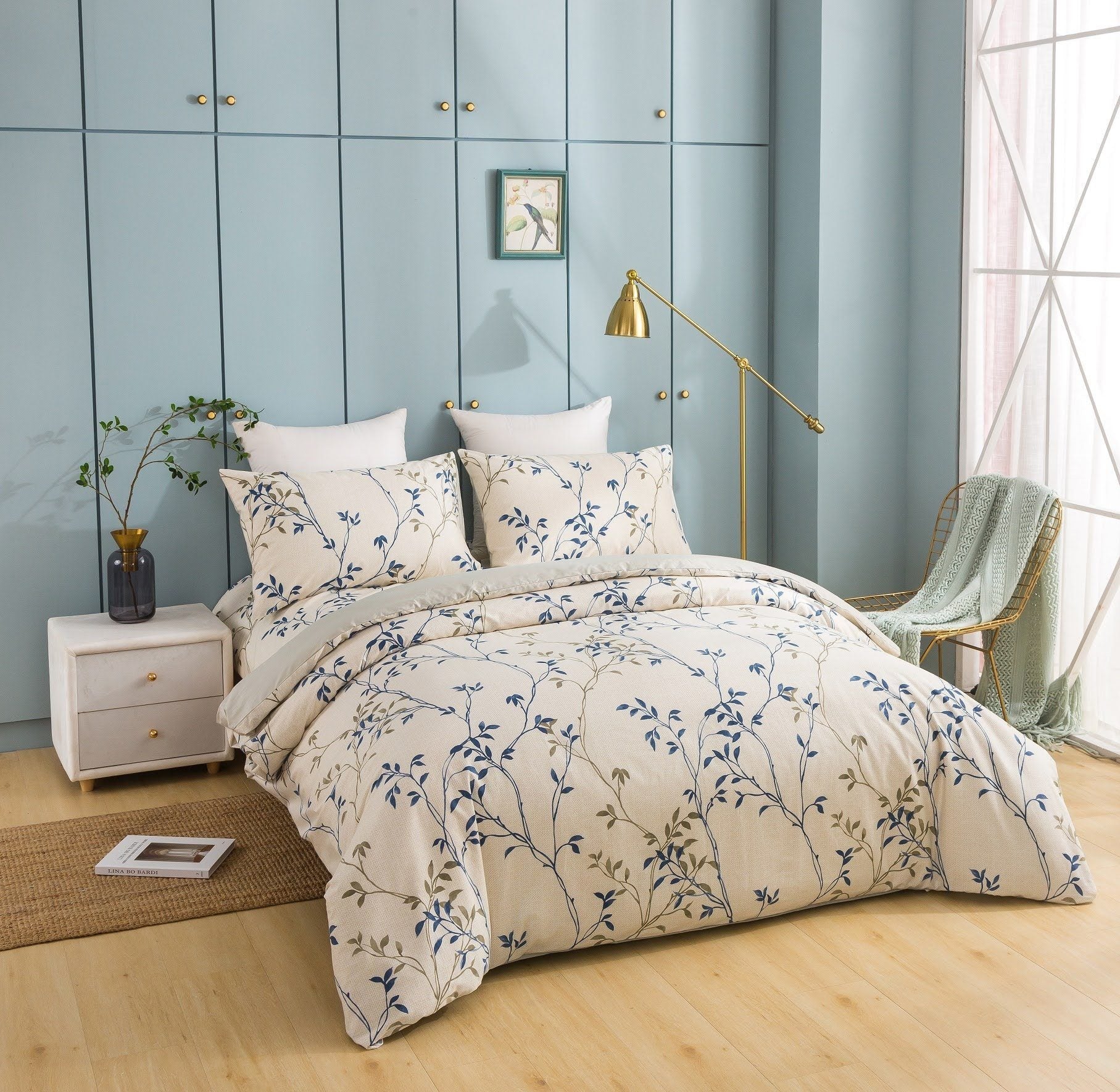 Poplin Cotton Elegant Leaf Vine Cream Beige Duvet Cover - Quahog Bay Bedding